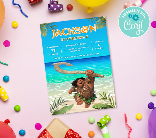 Maui Birthday Invitation Template, Printable Invitation, Boy Birthday, Evite, Digital Invite, 0295