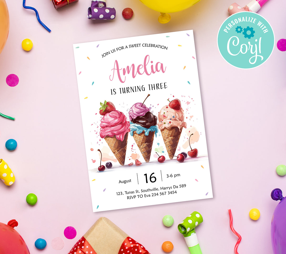 Ice Cream Birthday Invitation Template, Printable Invitation, Girl Birthday, Evite, Digital Invite, 0282