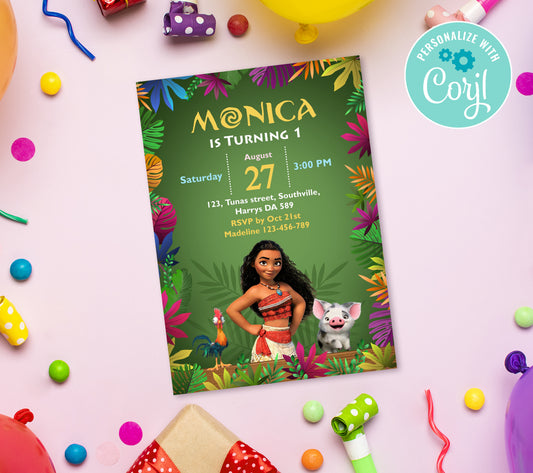 Big Moana Birthday Invitation Template, Printable Invitation, Girl Birthday, Evite, Digital Invite,  0150