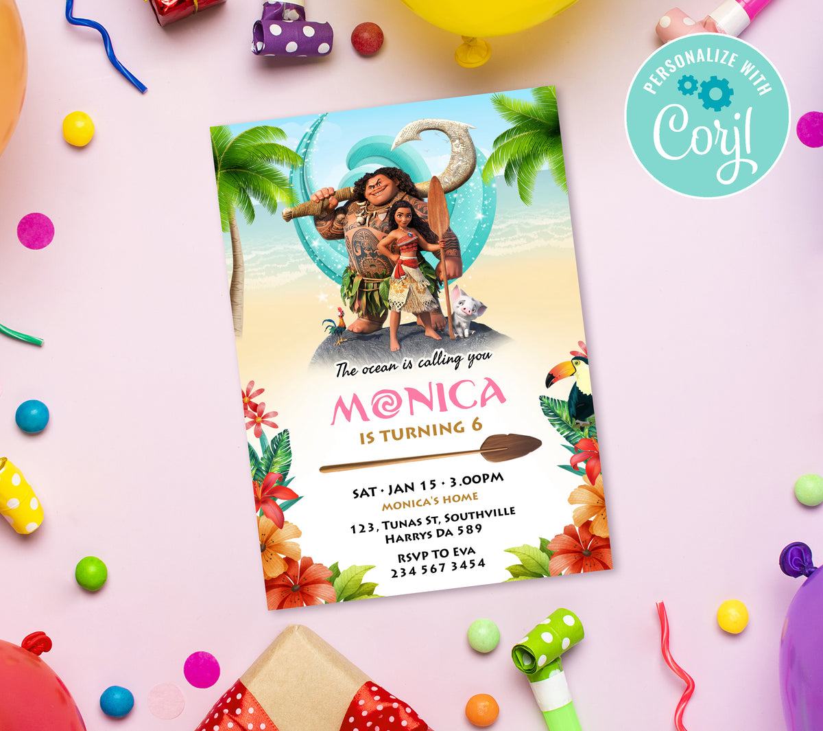 Big Moana Birthday Invitation Template, Printable Invitation, Girl Birthday, Evite, Digital Invite, - 0110