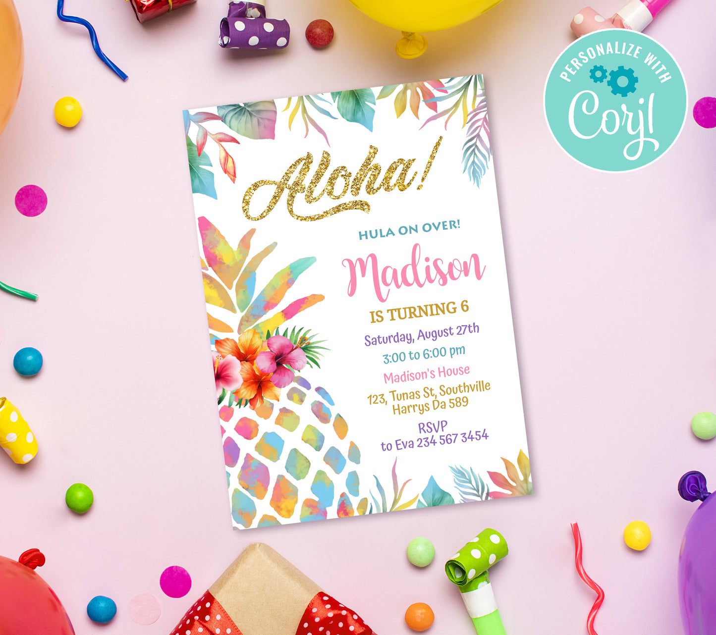 Pineapple Birthday Invitation Template, Printable Invitation, Girl Birthday, Evite, Digital Invite,  0173