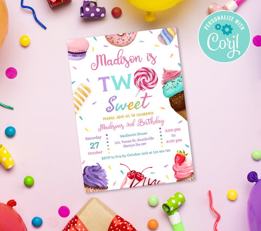 Two Sweet Birthday Invitation Template, Printable Invitation, Girl Birthday, Evite, Digital Invite,  0168