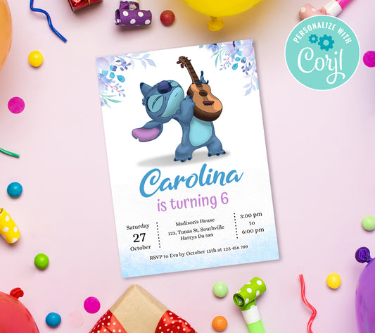 Stitch Birthday Invitation Template, Printable Invitation, Girl Birthday, Evite, Digital Invite, 0298