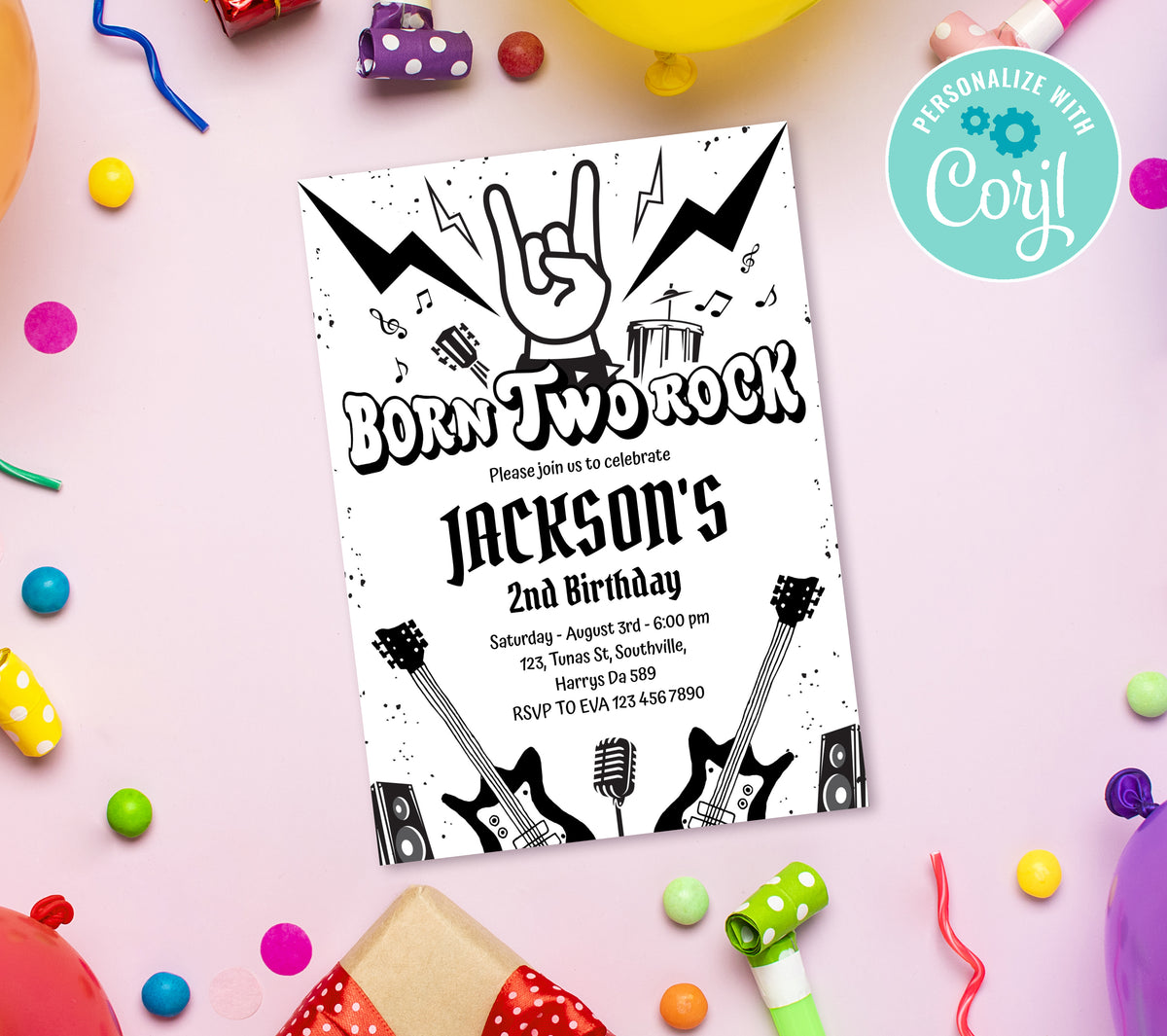 Rock and Roll Birthday Invitation Template, Printable Invitation, Girl Birthday, Evite, Digital Invite, Edit yourself Corjil 0307