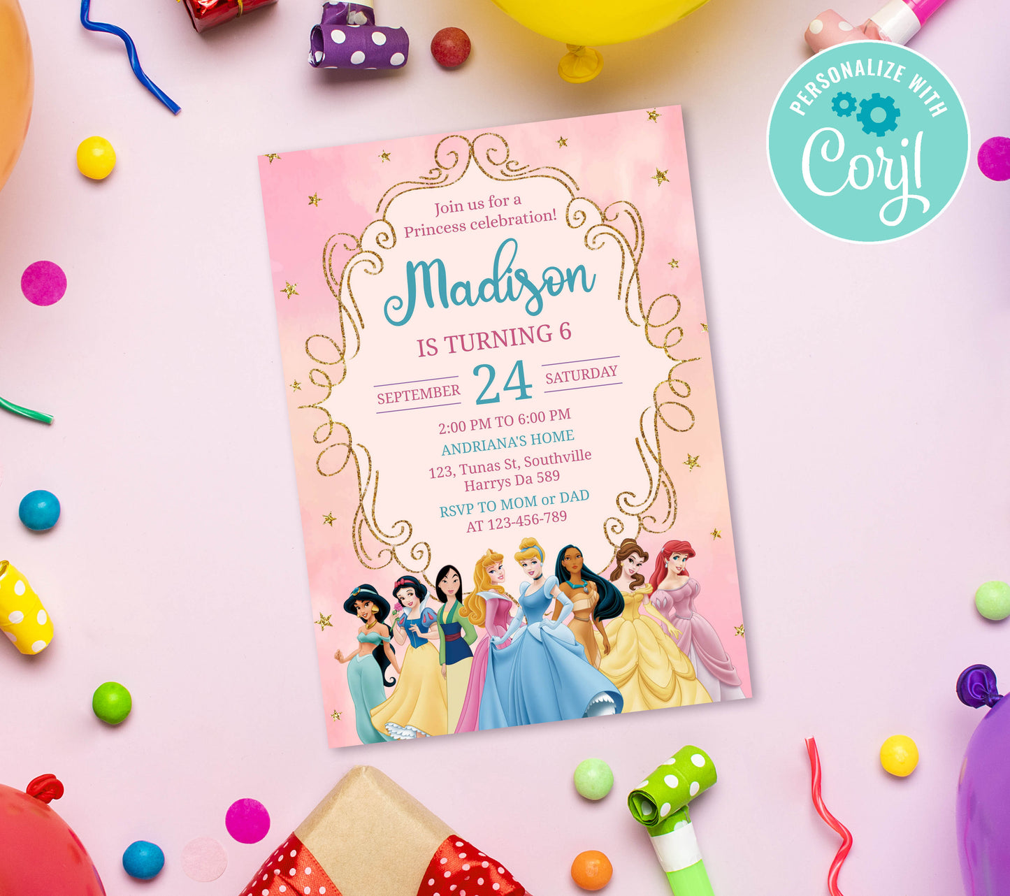 Princess Birthday Invitation Template, Printable Invitation, Girl Birthday, Evite, Digital Invite, 0125