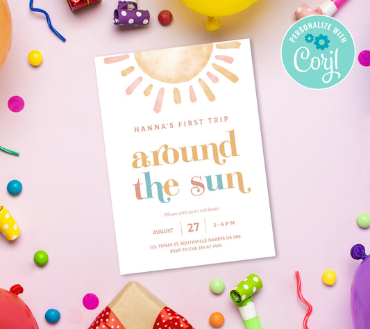 Sun Birthday Invitation Template, Printable Invitation, Girl Birthday, Evite, Digital Invite,  0286