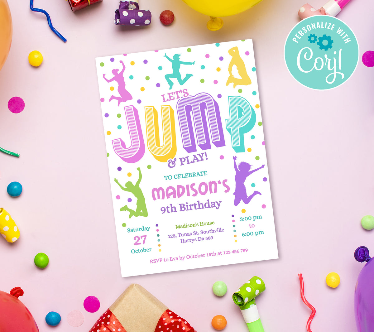 Jump Girl Birthday Invitation Template, Printable Invitation, Girl Birthday, Evite, Digital Invite,  0260