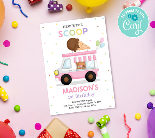 Ice Cream Van Birthday Invitation Template, Printable Invitation, Girl Birthday, Evite, Digital Invite,  0283