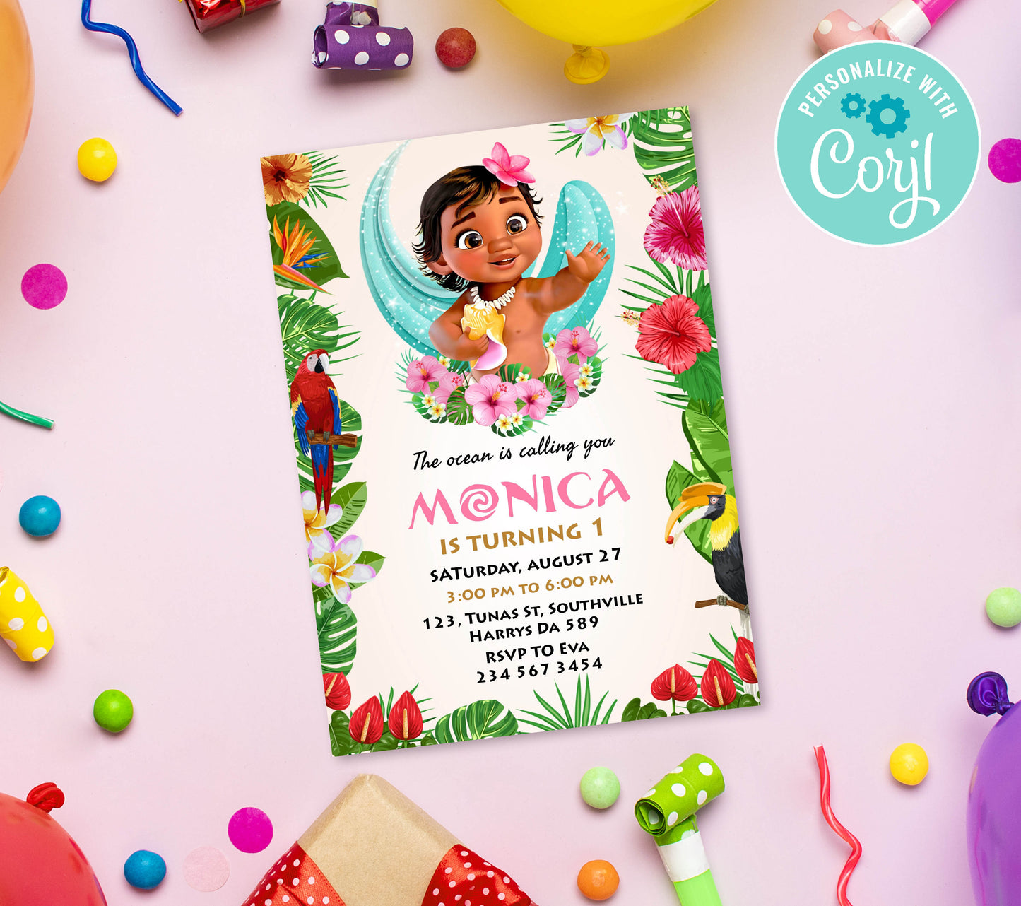 Baby Moana Birthday Invitation Template, Printable Invitation, Girl Birthday, Evite, Digital Invite,  0136
