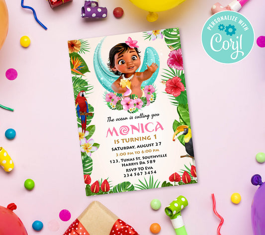Baby Moana Birthday Invitation Template, Printable Invitation, Girl Birthday, Evite, Digital Invite,  0136