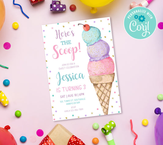 Ice Cream Birthday Invitation Template, Printable Invitation, Girl Birthday, Evite, Digital Invite, Edit yourself Corjil 0310