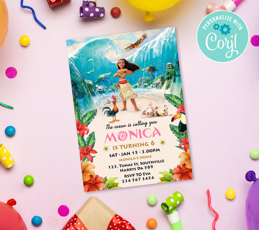 Big Moana Birthday Invitation Template, Printable Invitation, Girl Birthday, Evite, Digital Invite,  0005