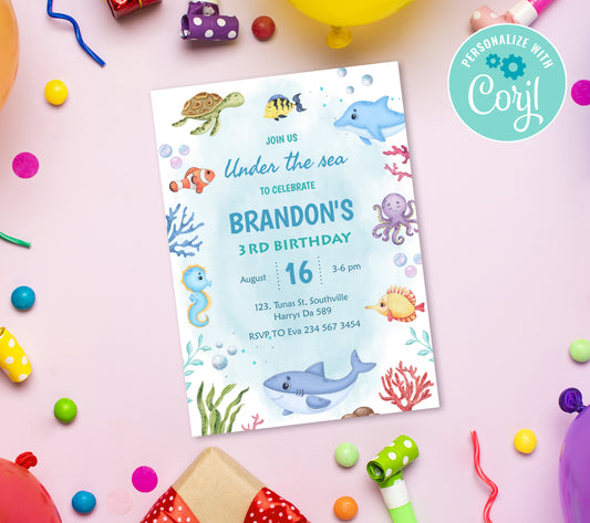 Under the Sea Birthday Invitation Template, Printable Invitation, Boy Birthday, Evite, Digital Invite,  0279