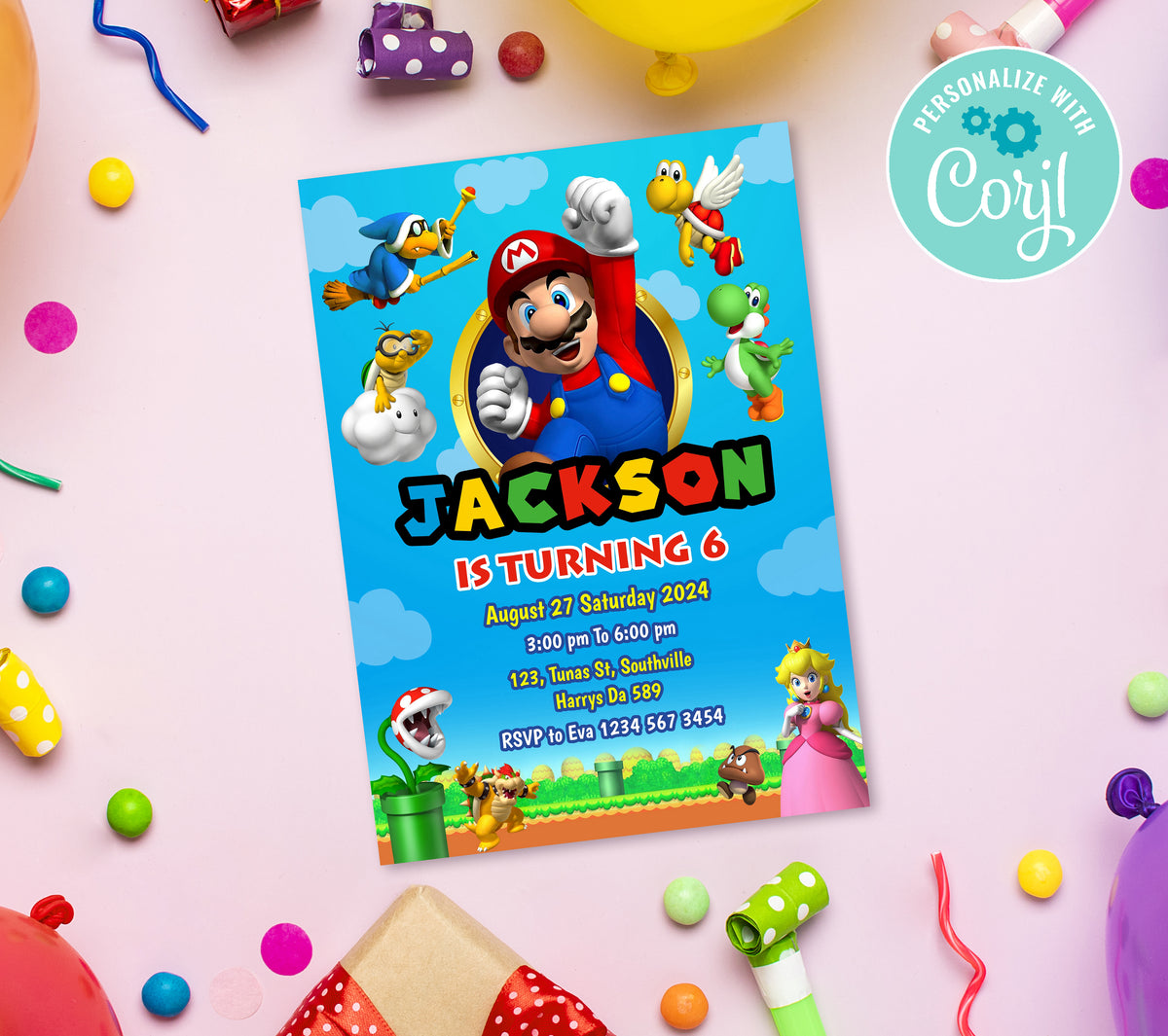 Super Mario Birthday Invitation Template, Printable Invitation, Boy Birthday, Evite, Digital Invite, 0135