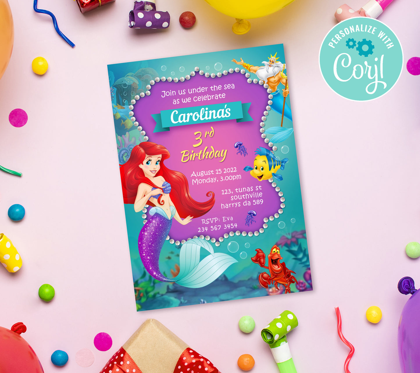 Mermaid Birthday Invitation Template, Printable Invitation, Girl Birthday, Evite, Digital Invite, 0019