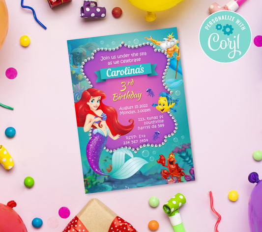 Mermaid Birthday Invitation Template, Printable Invitation, Girl Birthday, Evite, Digital Invite, 0019