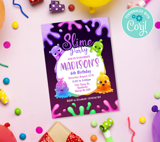 Slime Birthday Invitation Template, Printable Invitation, Girl Birthday, Evite, Digital Invite,  0038