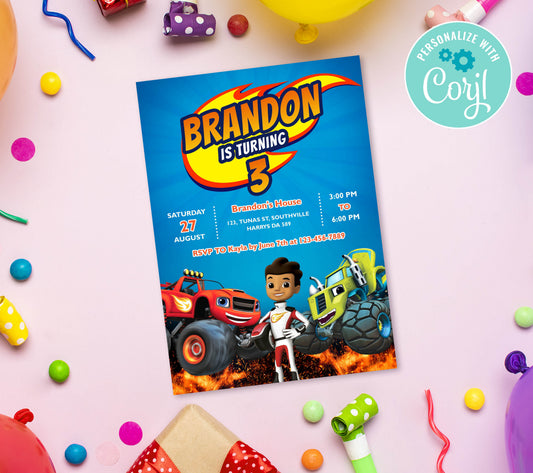 Blaze Birthday Invitation Template, Printable Invitation, Boy Birthday, Evite, Digital Invite, 0139