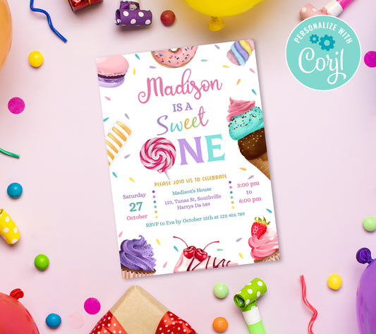 Sweet One Birthday Invitation Template, Printable Invitation, Girl Birthday, Evite, Digital Invite, 0165