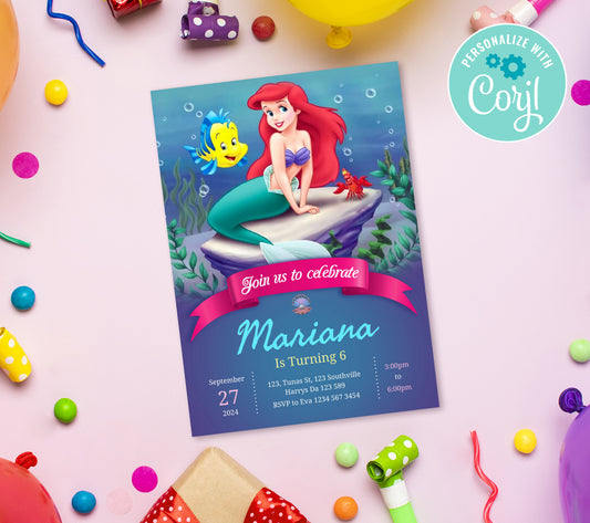 Mermaid Birthday Invitation Template, Printable Invitation, Girl Birthday, Evite, Digital Invite, 0146
