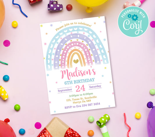 Rainbow Birthday Invitation Template, Printable Invitation, Girl Birthday, Evite, Digital Invite,  0222
