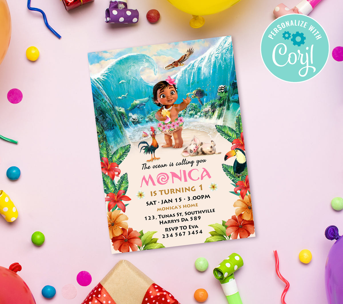 Baby Moana Birthday Invitation Template, Printable Invitation, Girl Birthday, Evite, Digital Invite, Edit yourself Corjil 0003