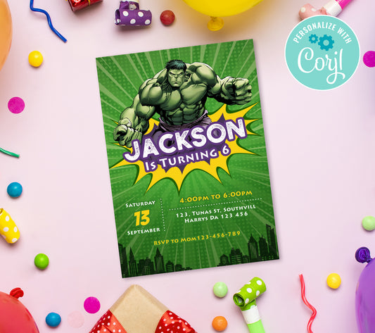 Hulk Birthday Invitation Template, Printable Invitation, Boy Birthday, Evite, Digital Invite, 0156