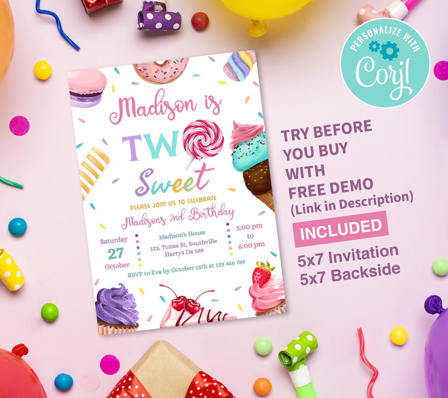 Two Sweet Birthday Invitation Template, Printable Invitation, Girl Birthday, Evite, Digital Invite,  0168