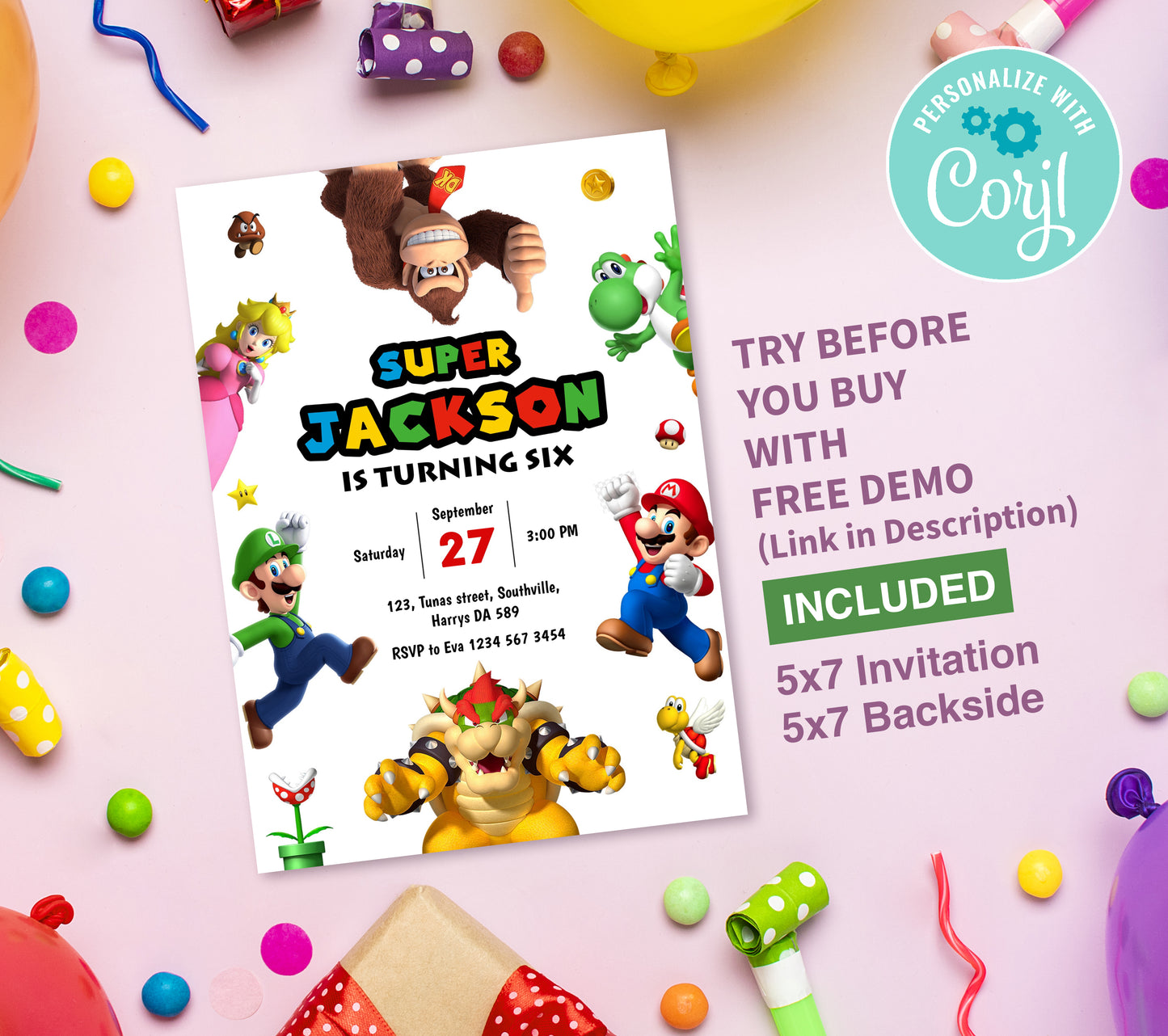 Super Mario Birthday Invitation Template, Printable Invitation, Boy Birthday, Evite, Digital Invite,  0293