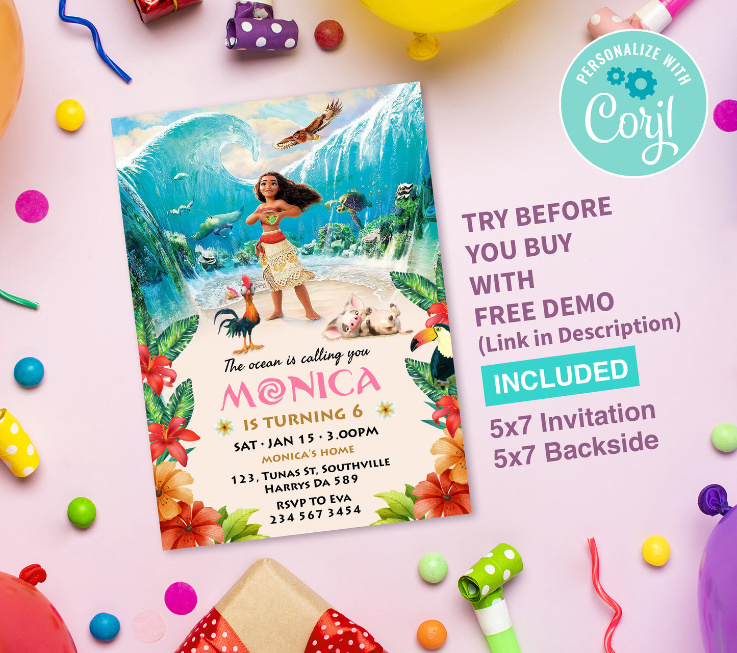 Big Moana Birthday Invitation Template, Printable Invitation, Girl Birthday, Evite, Digital Invite,  0005