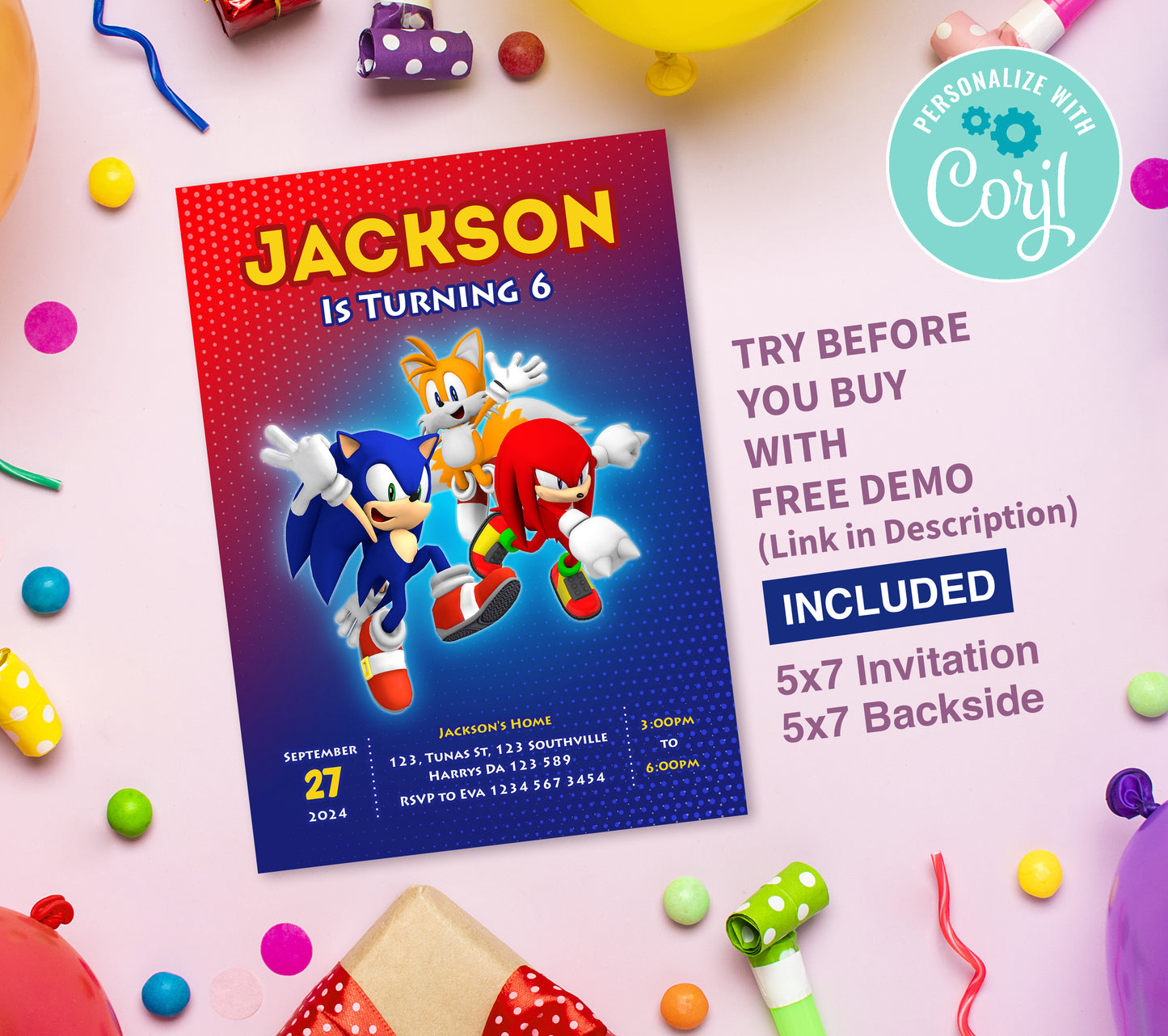 Sonic Birthday Invitation Template, Printable Invitation, Boy Birthday, Evite, Digital Invite,  0145