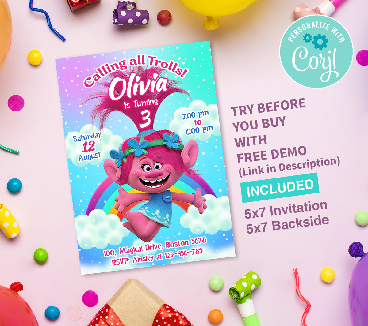 Trolls Birthday Invitation Template, Printable Invitation, Girl Birthday, Evite, Digital Invite, 0006
