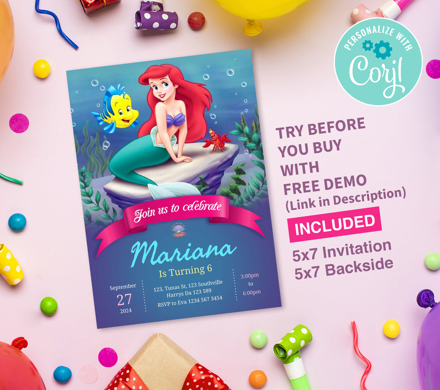 Mermaid Birthday Invitation Template, Printable Invitation, Girl Birthday, Evite, Digital Invite, 0146