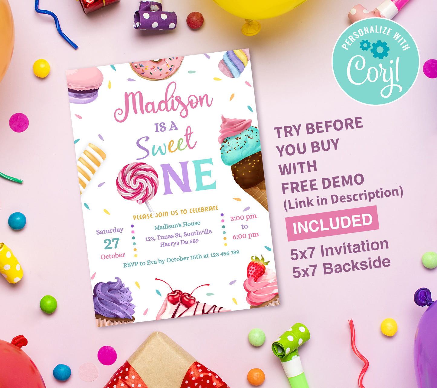Sweet One Birthday Invitation Template, Printable Invitation, Girl Birthday, Evite, Digital Invite, 0165