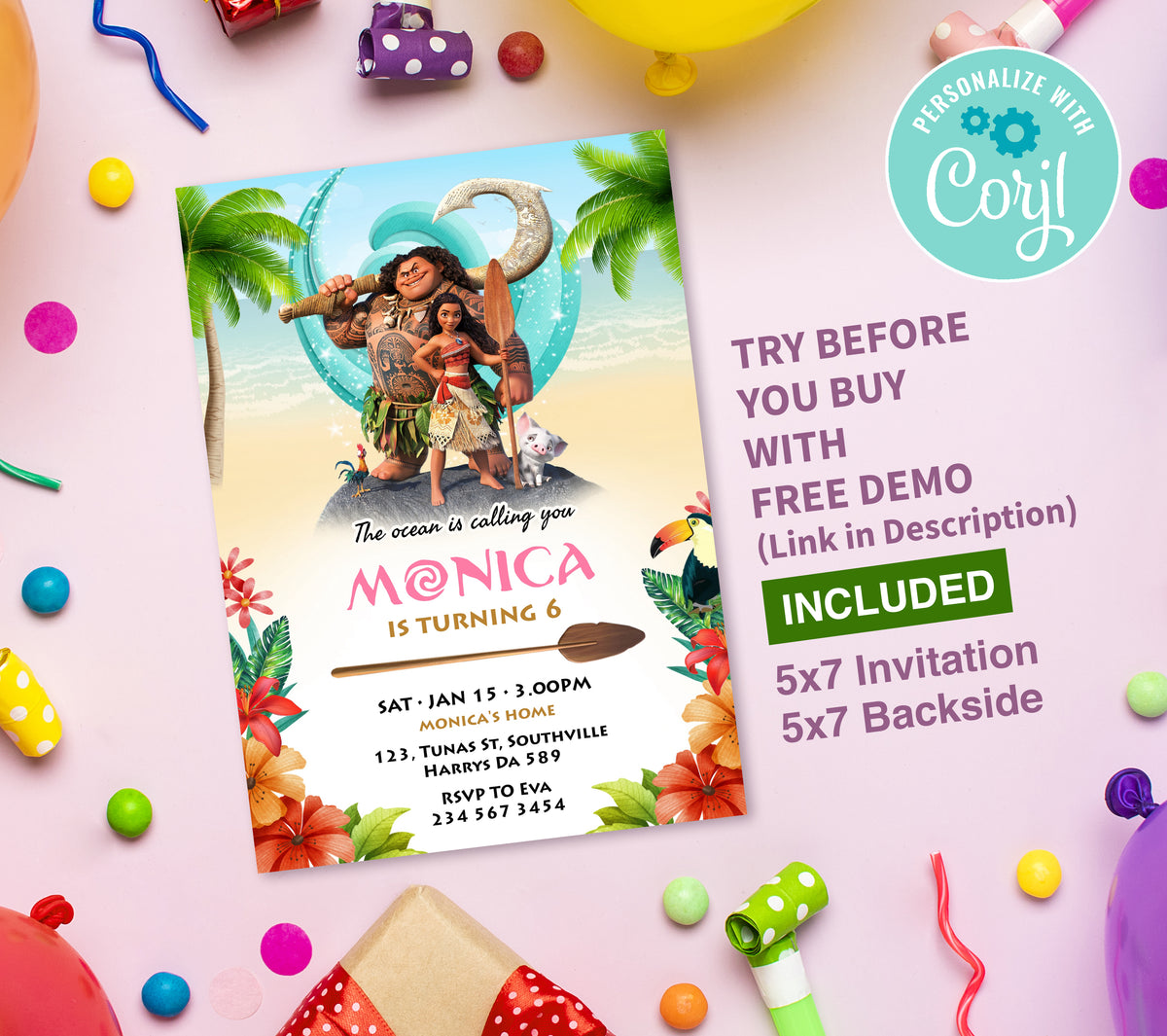 Big Moana Birthday Invitation Template, Printable Invitation, Girl Birthday, Evite, Digital Invite, - 0110