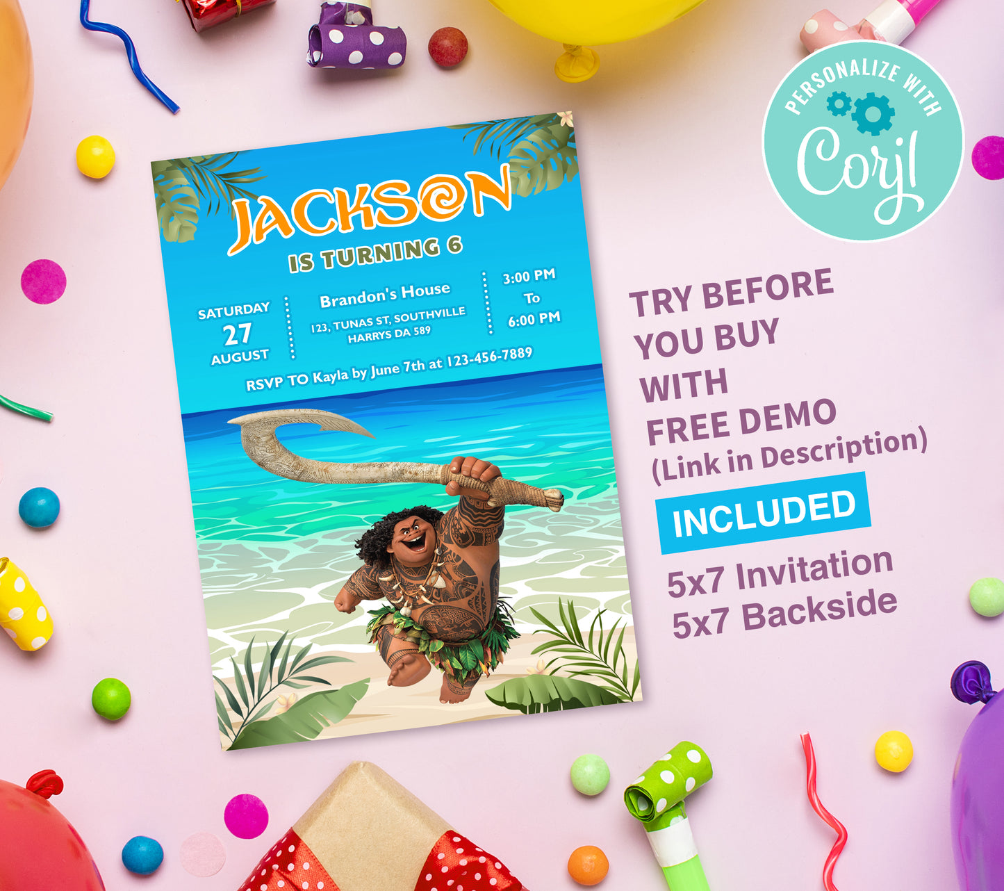 Maui Birthday Invitation Template, Printable Invitation, Boy Birthday, Evite, Digital Invite, 0295