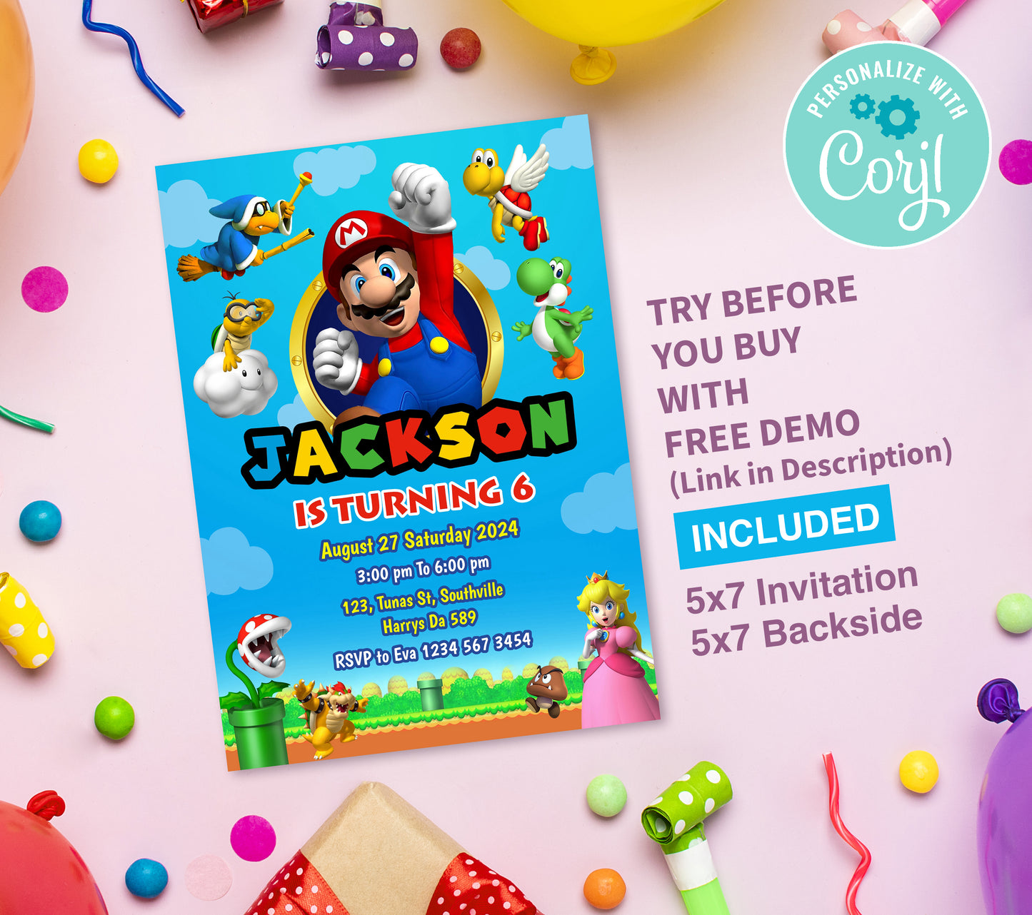 Super Mario Birthday Invitation Template, Printable Invitation, Boy Birthday, Evite, Digital Invite, 0135