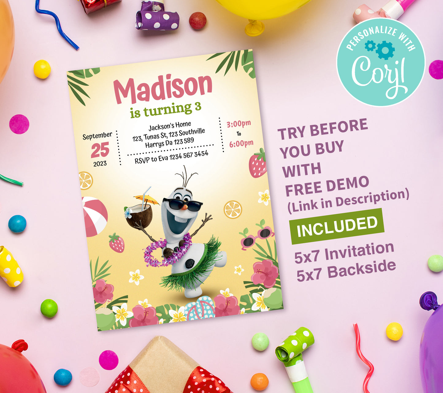 Olaf Birthday Invitation Template, Printable Invitation, Girl Birthday, Evite, Digital Invite, 0264