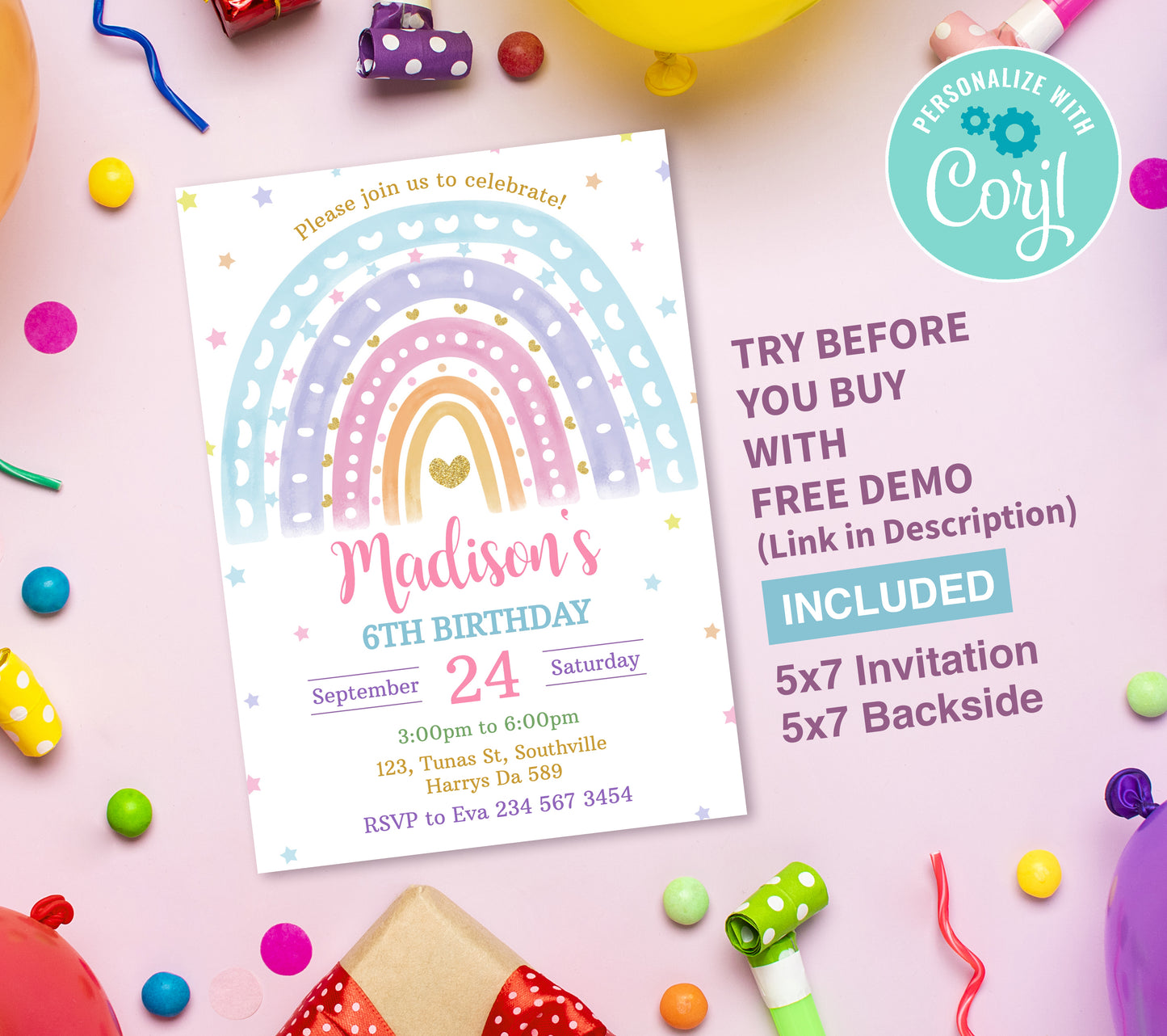 Rainbow Birthday Invitation Template, Printable Invitation, Girl Birthday, Evite, Digital Invite,  0222