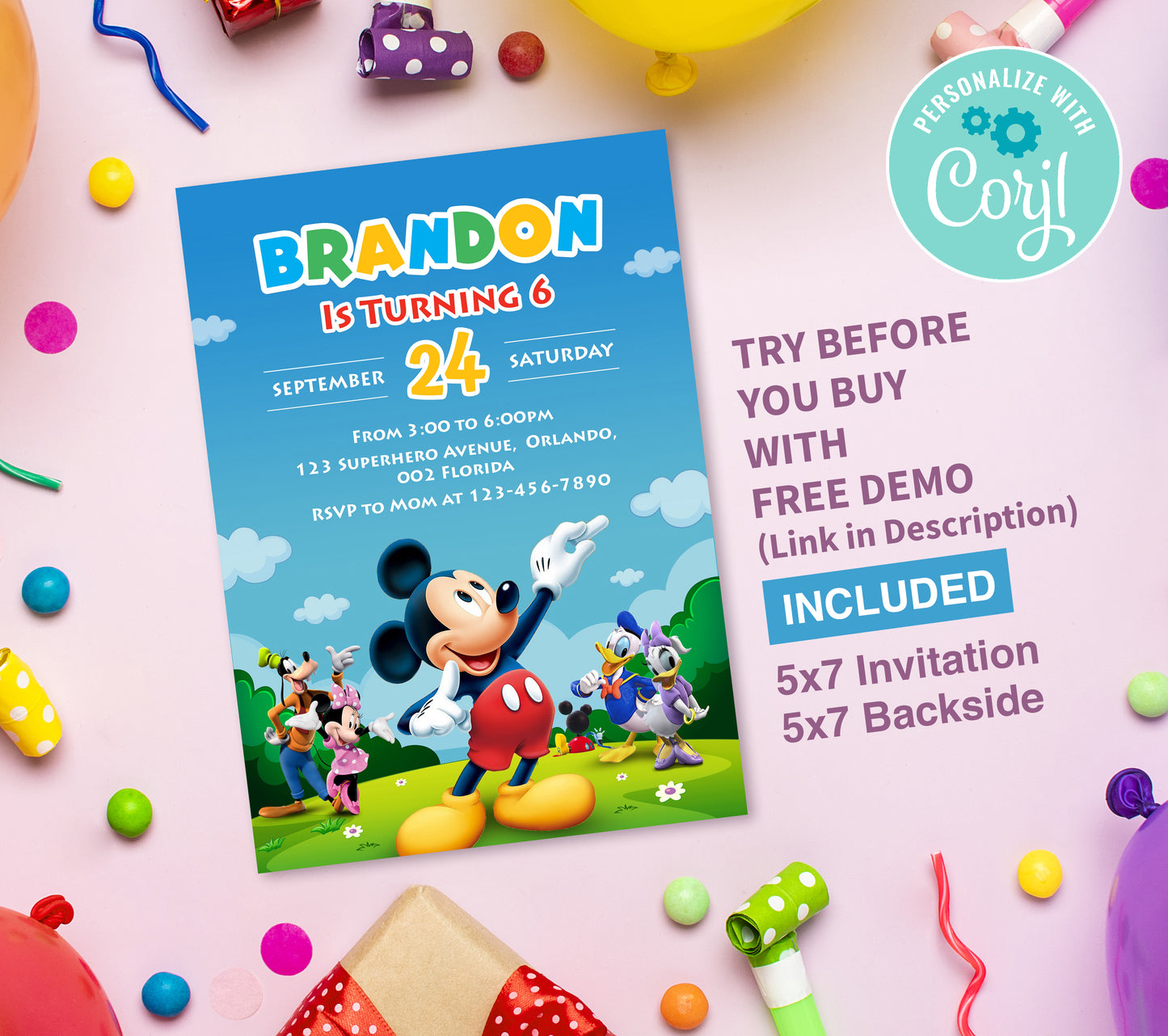 Mickey Birthday Invitation Template, Printable Invitation, Girl Birthday, Evite, Digital Invite, 0151