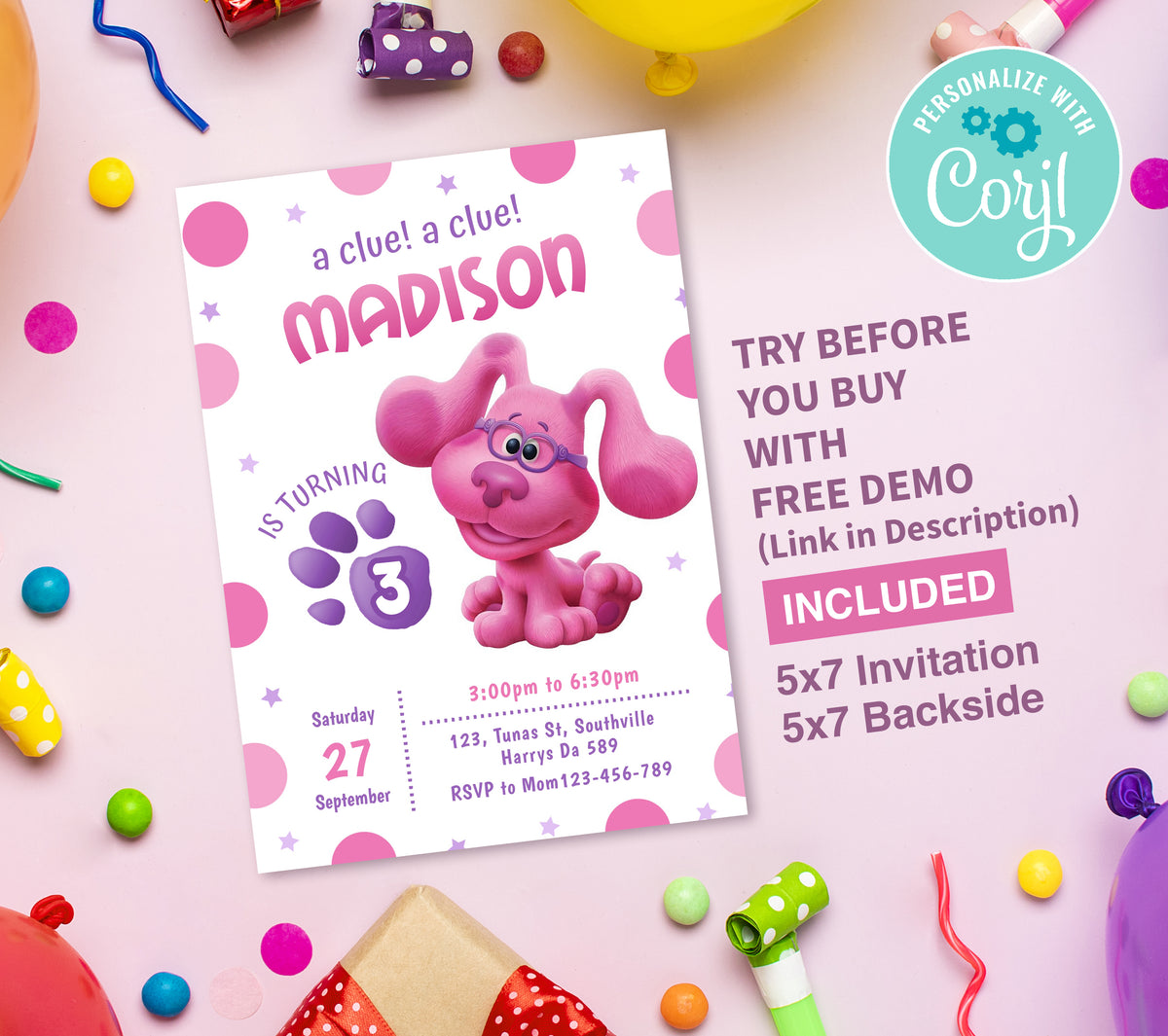 Blue Clues Girl Birthday Invitation Template, Printable Invitation, Girl Birthday, Evite, Digital Invite, 0292