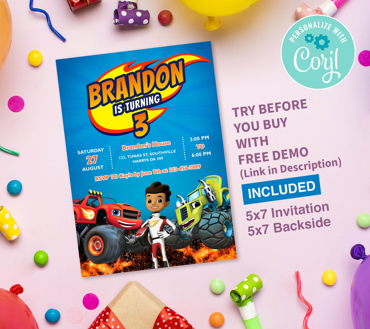 Blaze Birthday Invitation Template, Printable Invitation, Boy Birthday, Evite, Digital Invite, 0139