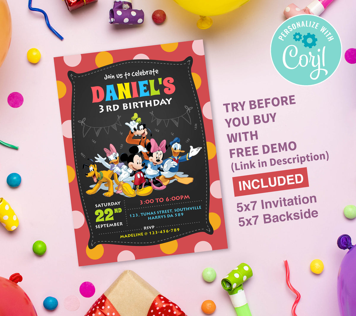 Mickey Birthday Invitation Template, Printable Invitation, Boy Birthday, Evite, Digital Invite, 0041