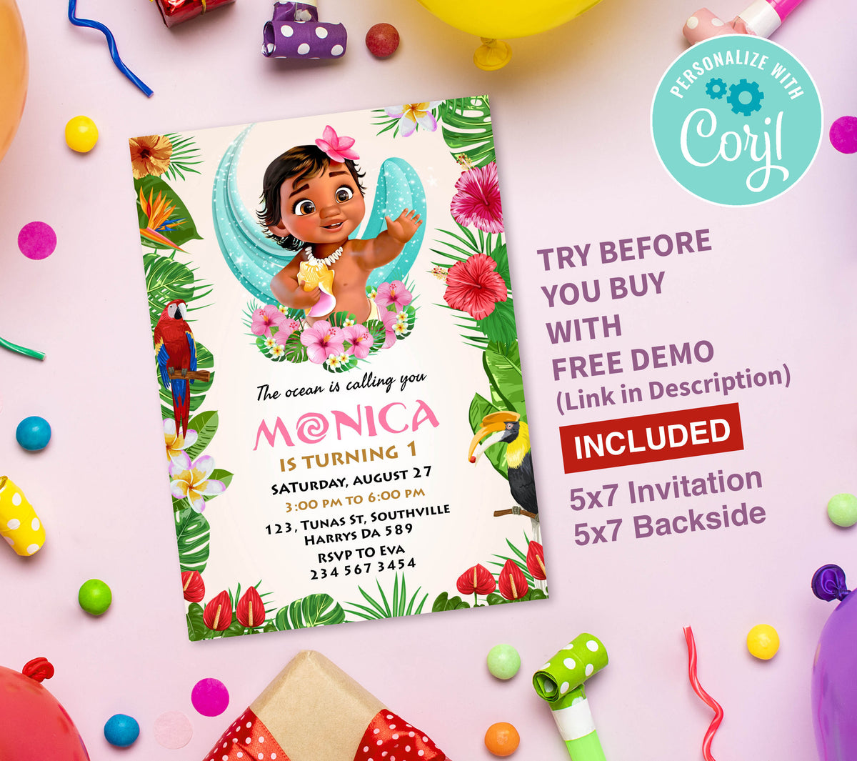 Baby Moana Birthday Invitation Template, Printable Invitation, Girl Birthday, Evite, Digital Invite,  0136