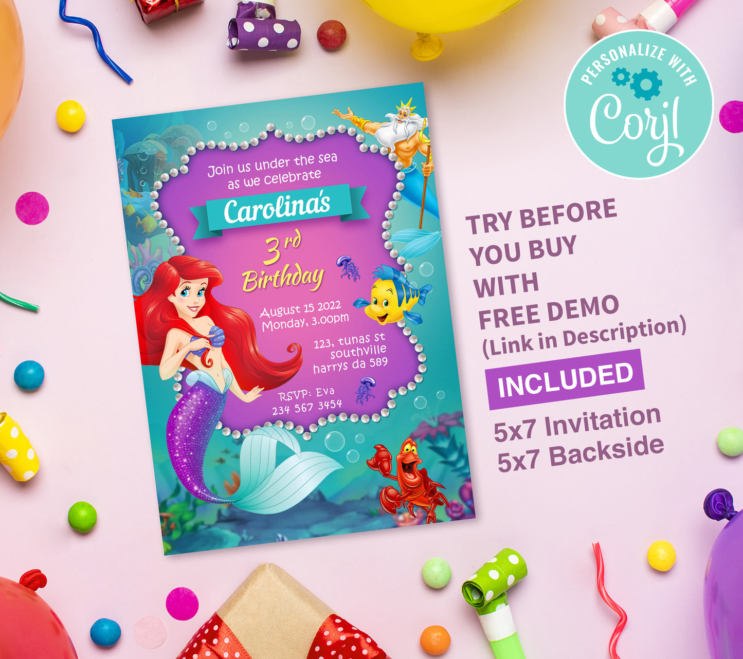 Mermaid Birthday Invitation Template, Printable Invitation, Girl Birthday, Evite, Digital Invite, 0019