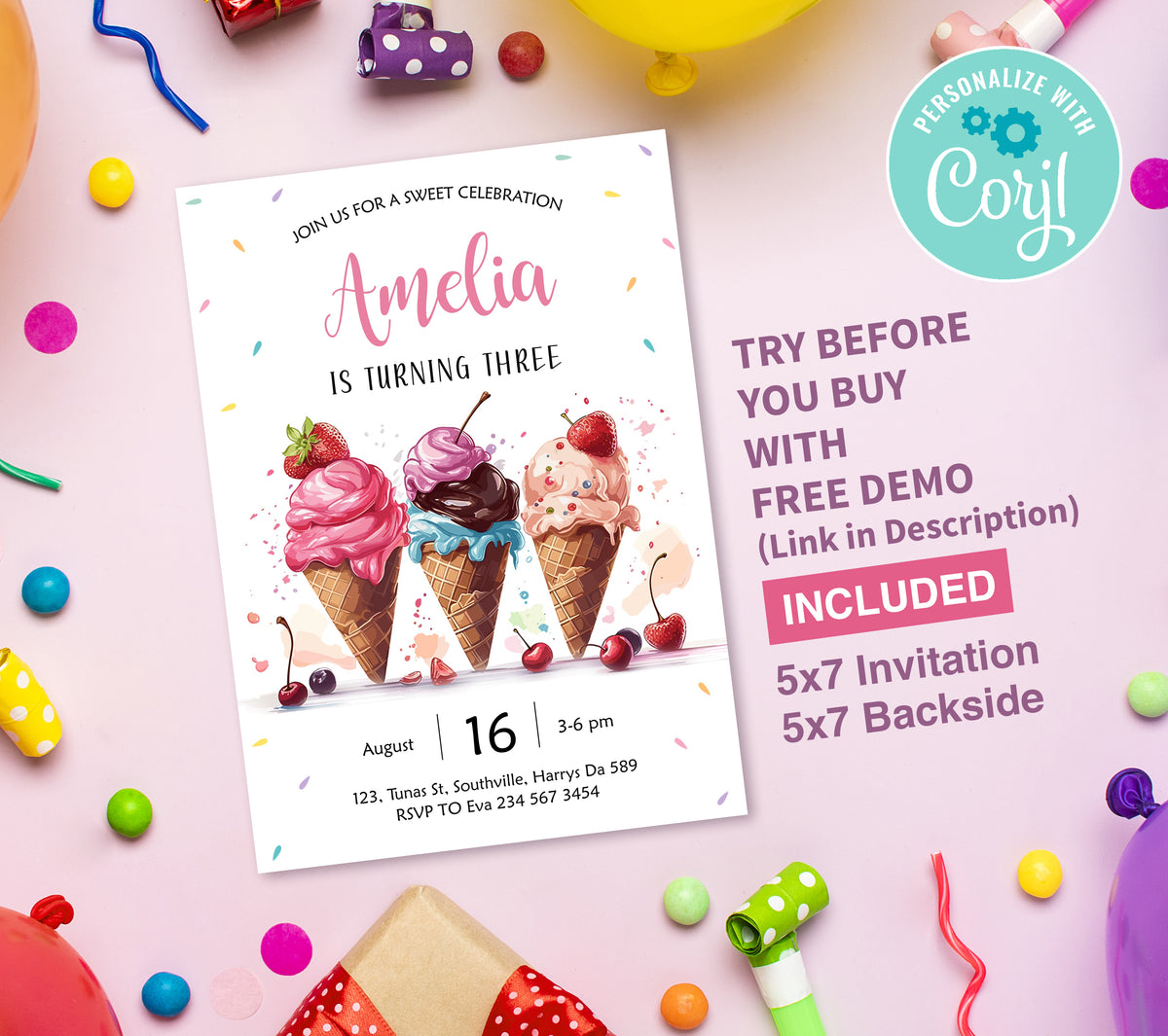 Ice Cream Birthday Invitation Template, Printable Invitation, Girl Birthday, Evite, Digital Invite, 0282