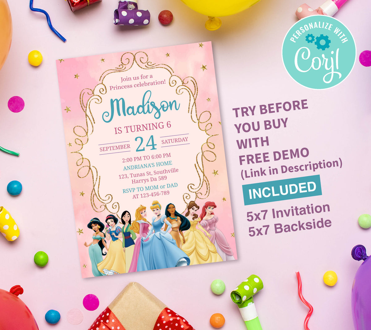 Princess Birthday Invitation Template, Printable Invitation, Girl Birthday, Evite, Digital Invite, 0125