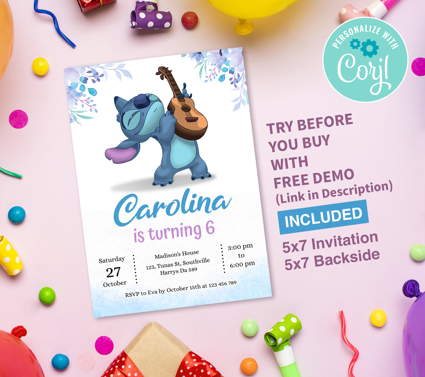 Stitch Birthday Invitation Template, Printable Invitation, Girl Birthday, Evite, Digital Invite, 0298