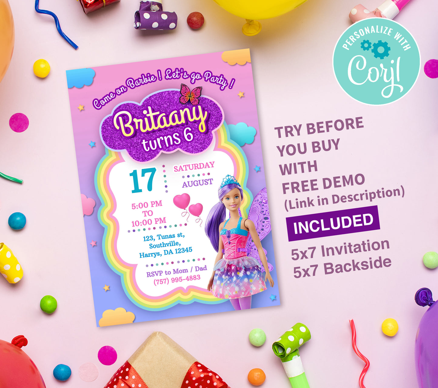 Barbie Birthday Invitation Template, Printable Invitation, Girl Birthday, Evite, Digital Invite,  - 0175