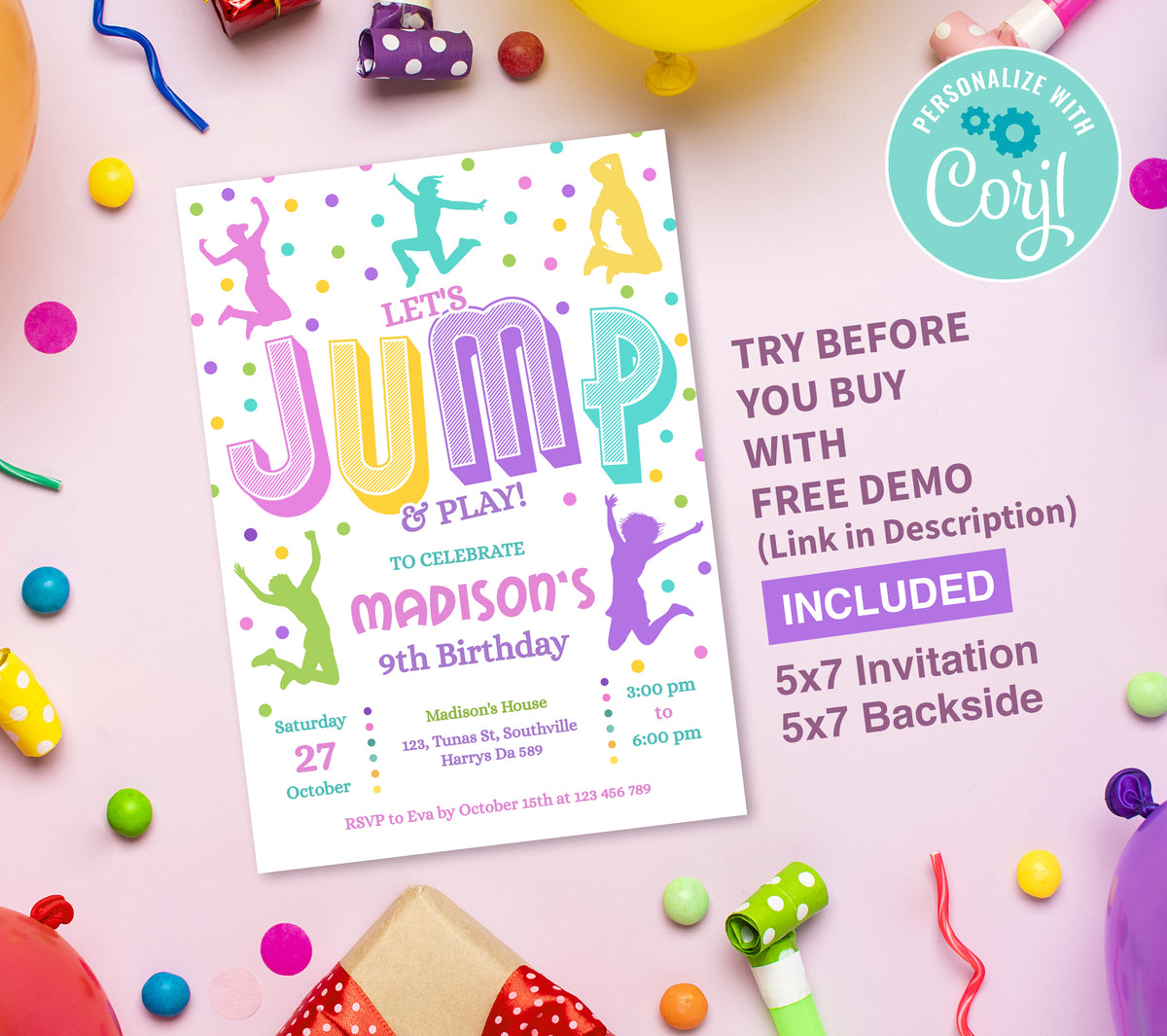 Jump Girl Birthday Invitation Template, Printable Invitation, Girl Birthday, Evite, Digital Invite,  0260
